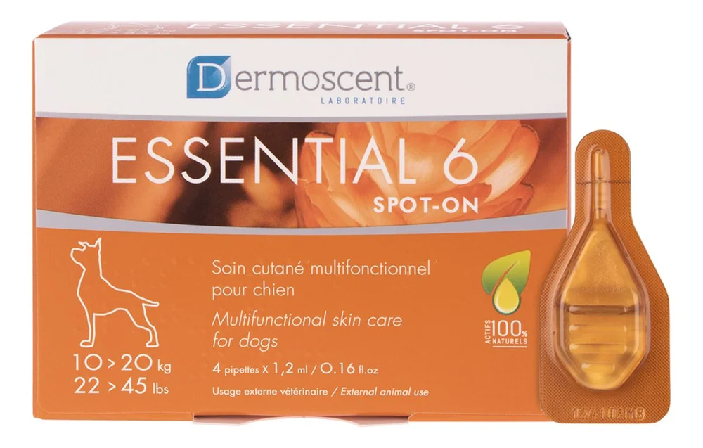 Dermoscent Essential 6 Spot-on, hudpleie til hund – 10-20 kg. – 4×1,2 ml. v:2060020 Dermoscent Essential 6 Spot-on, hudpleie til hund – 10-20 kg. – 4×1,2 ml. v:2060020
