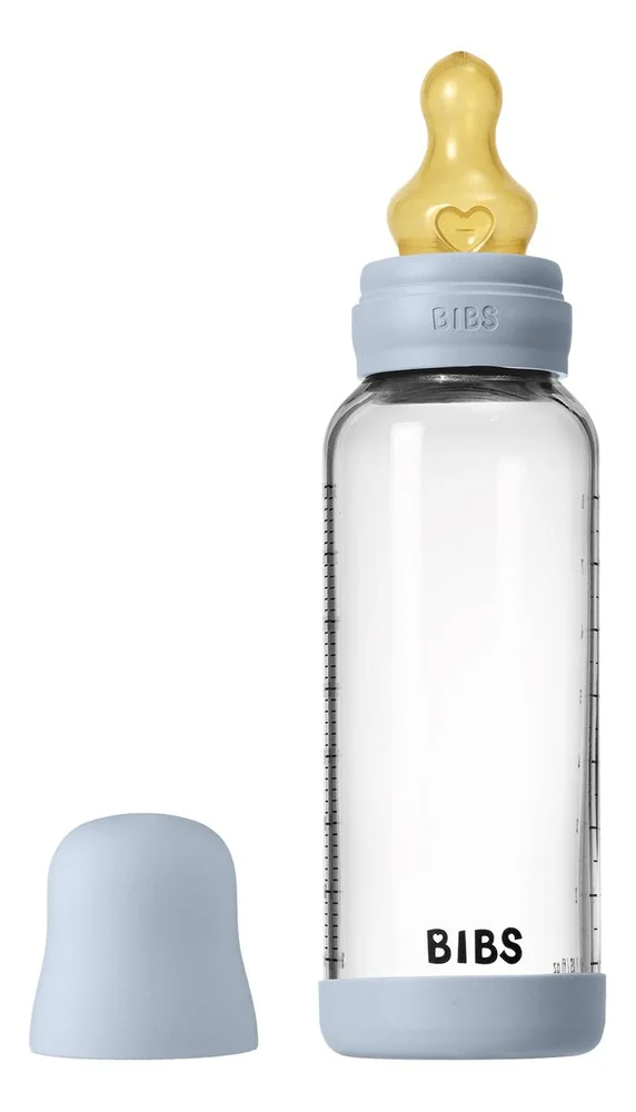 BIBS Glass Baby Bottle Round Latex 240 ml. Medium Flow Baby Blue - 1 stk. v:4378546