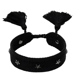 DARK Woven Friendship Bracelet with Star Studs Black v:2309337