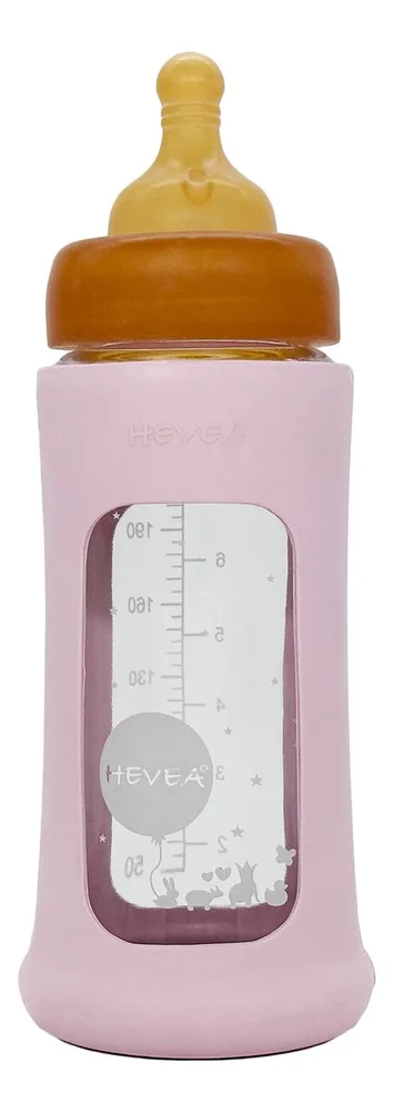 Hevea Glass Tåteflaske Wide Neck med Sleeve 250 ml, Powder Pink - 1 stk. v:5524282