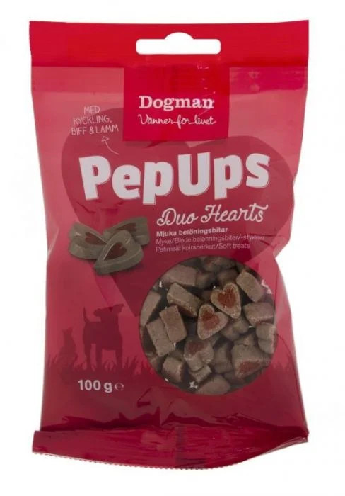 Dogman PepUps Duo Hjerter 3 smaker 100g v:4449059 Dogman PepUps Duo Hjerter 3 smaker 100g v:4449059